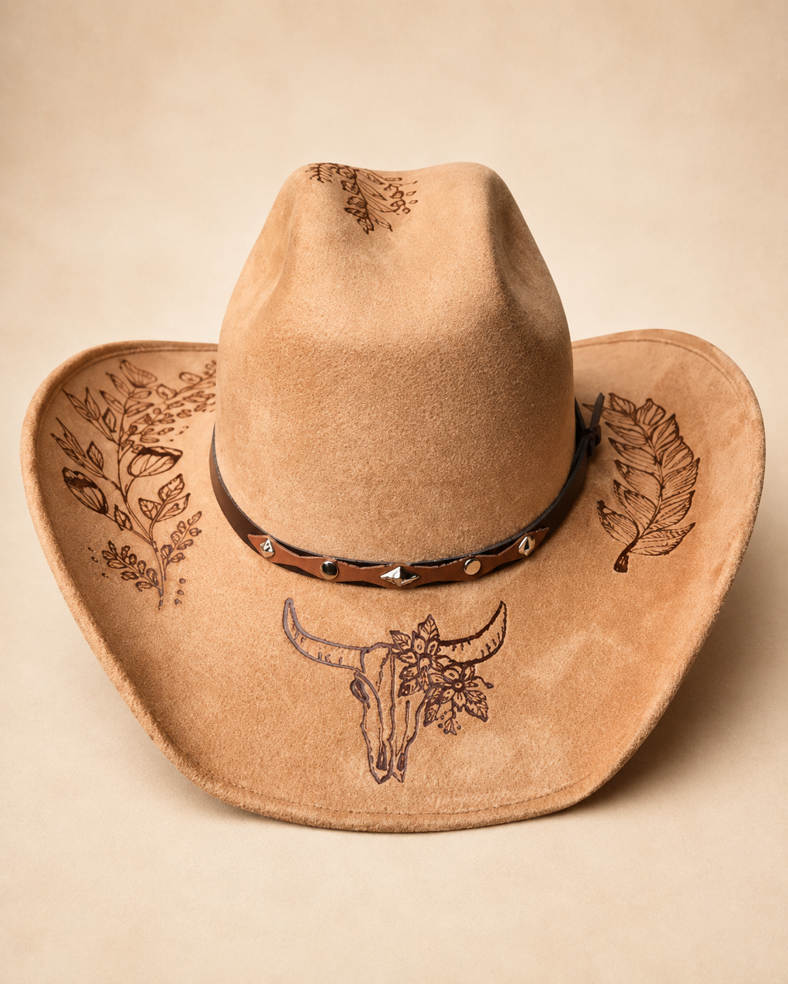 Beige Western Cowboy Hat with Botanical Engraving and Skull Detail