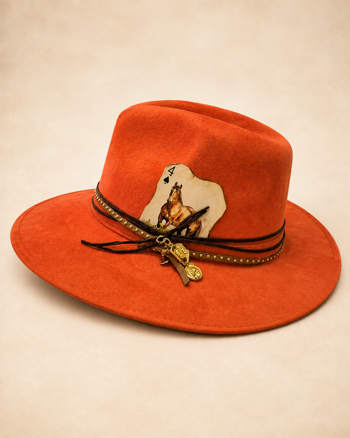 Burnt Orange Western Cowboy Hat with Poker Card and Horse Design