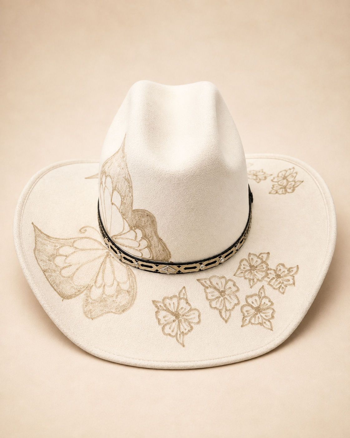 White Western Cowboy Hat with Butterfly, Floral & Black Band
