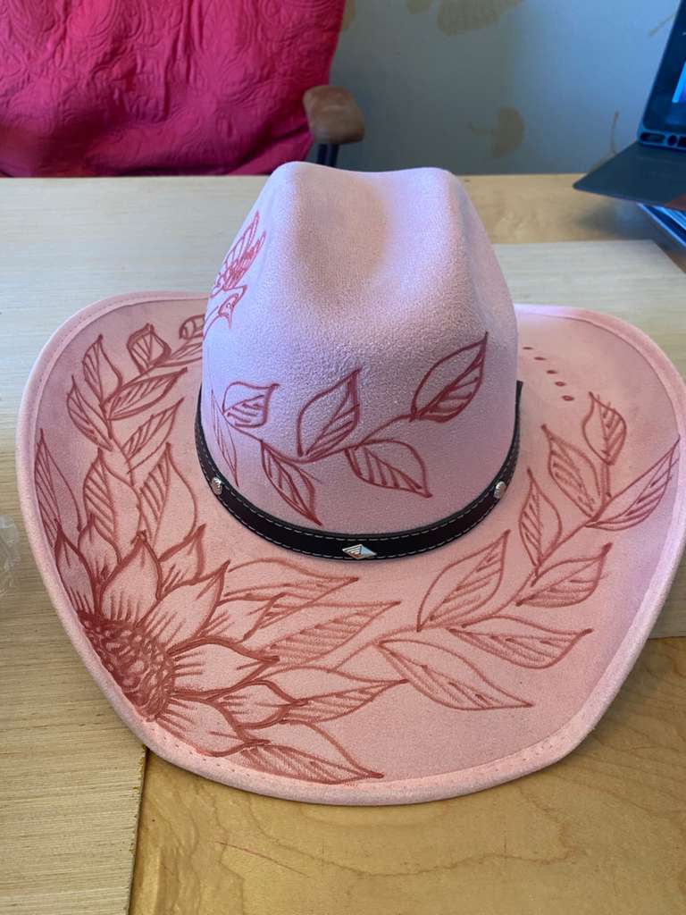 Pink Western Cowboy Hat with Floral Brim Engraving