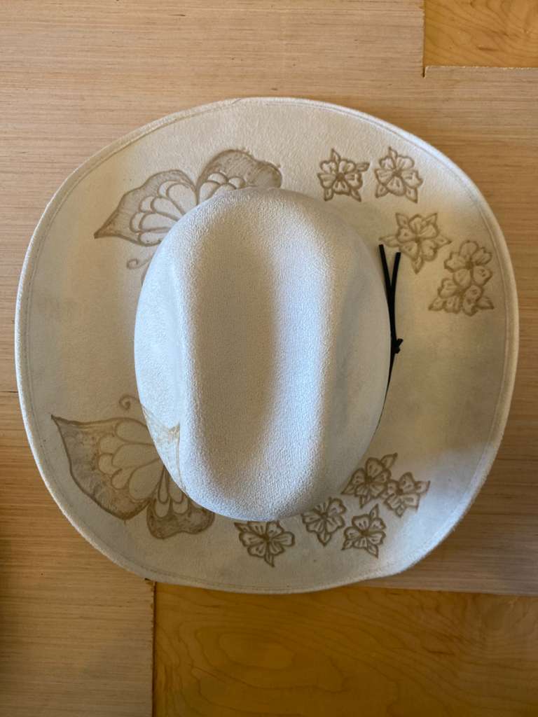 Cream Western Cowboy Hat with Butterfly and Floral Engraving