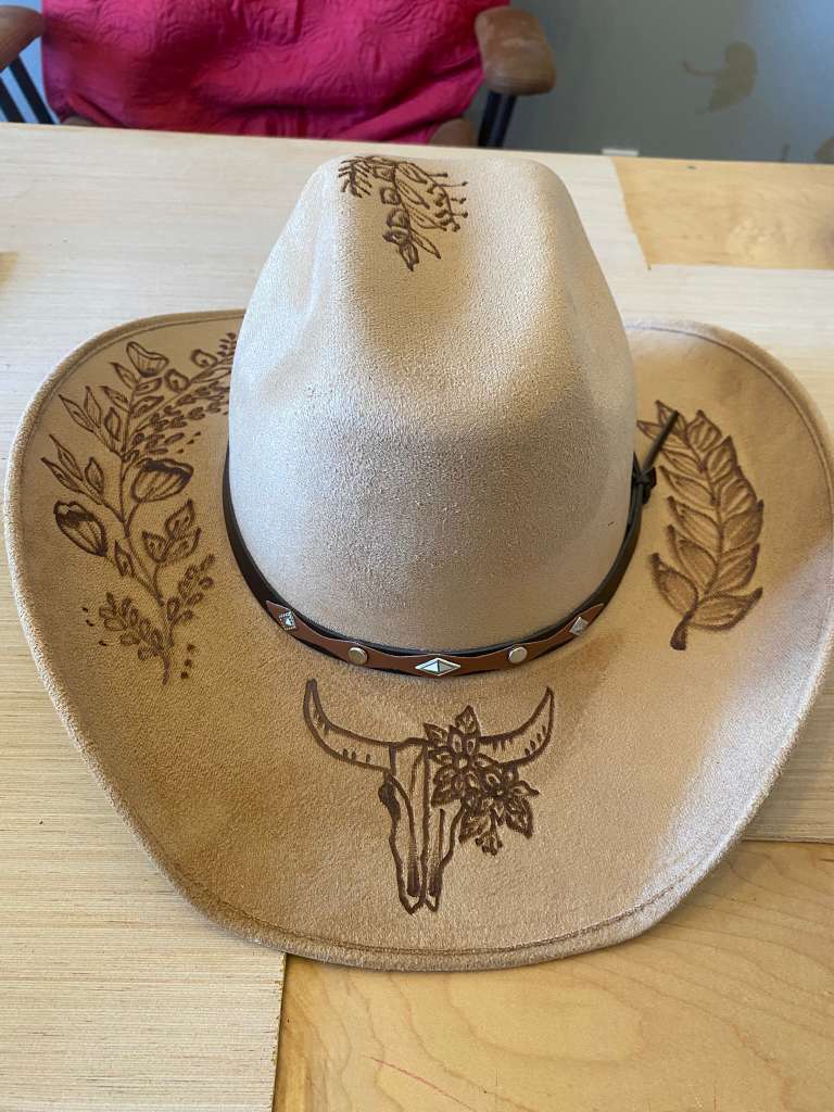 Beige Western Cowboy Hat with Botanical Engraving and Skull Detail