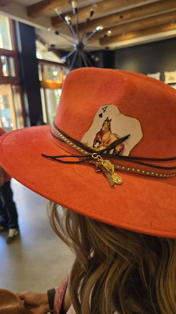 Burnt Orange Western Cowboy Hat with Poker Card and Horse Design
