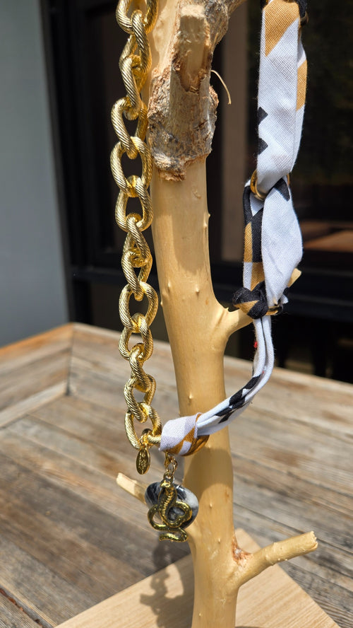 Black and white scarf gold chain necklace with decorative charm