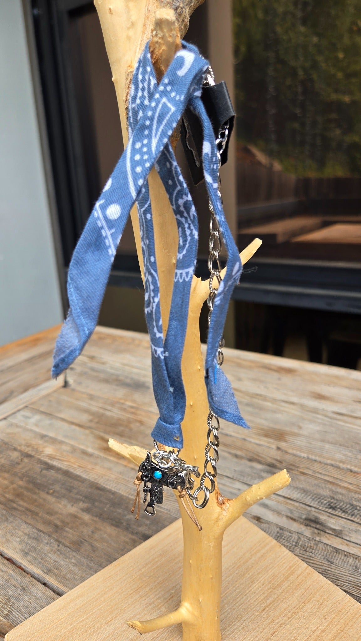 Blue bandana silver chain necklace with western saddle charm