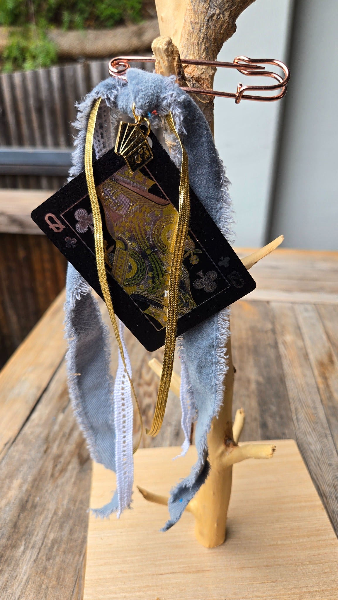 Blue denim playing card safety pin charm with gold chain details