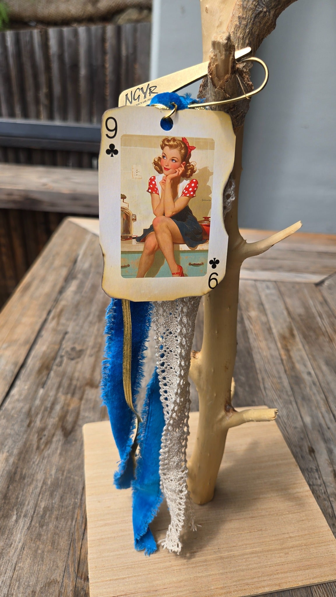 Blue ribbon charm with vintage card accent