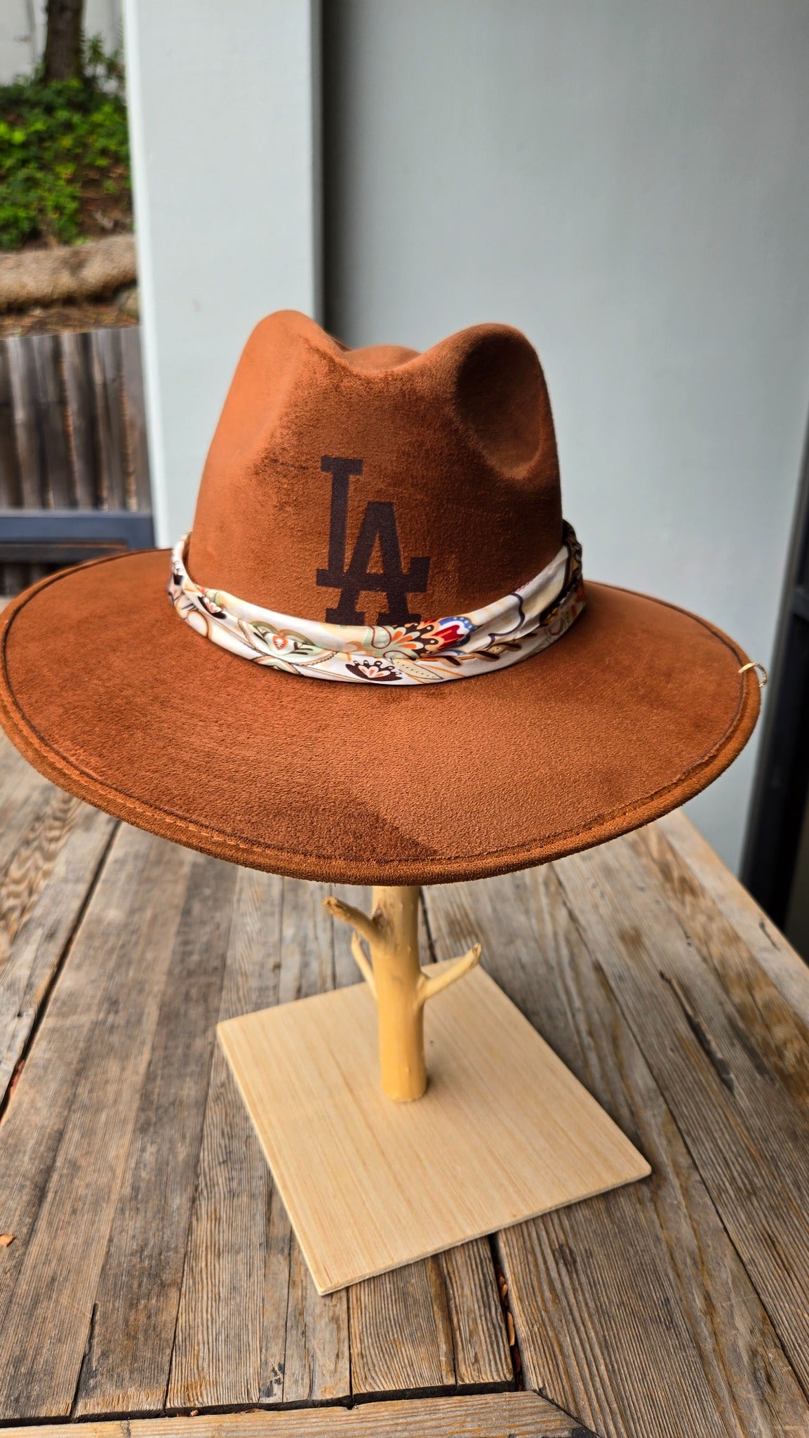 Brown LA western cowboy hat with paisley scarf band front view