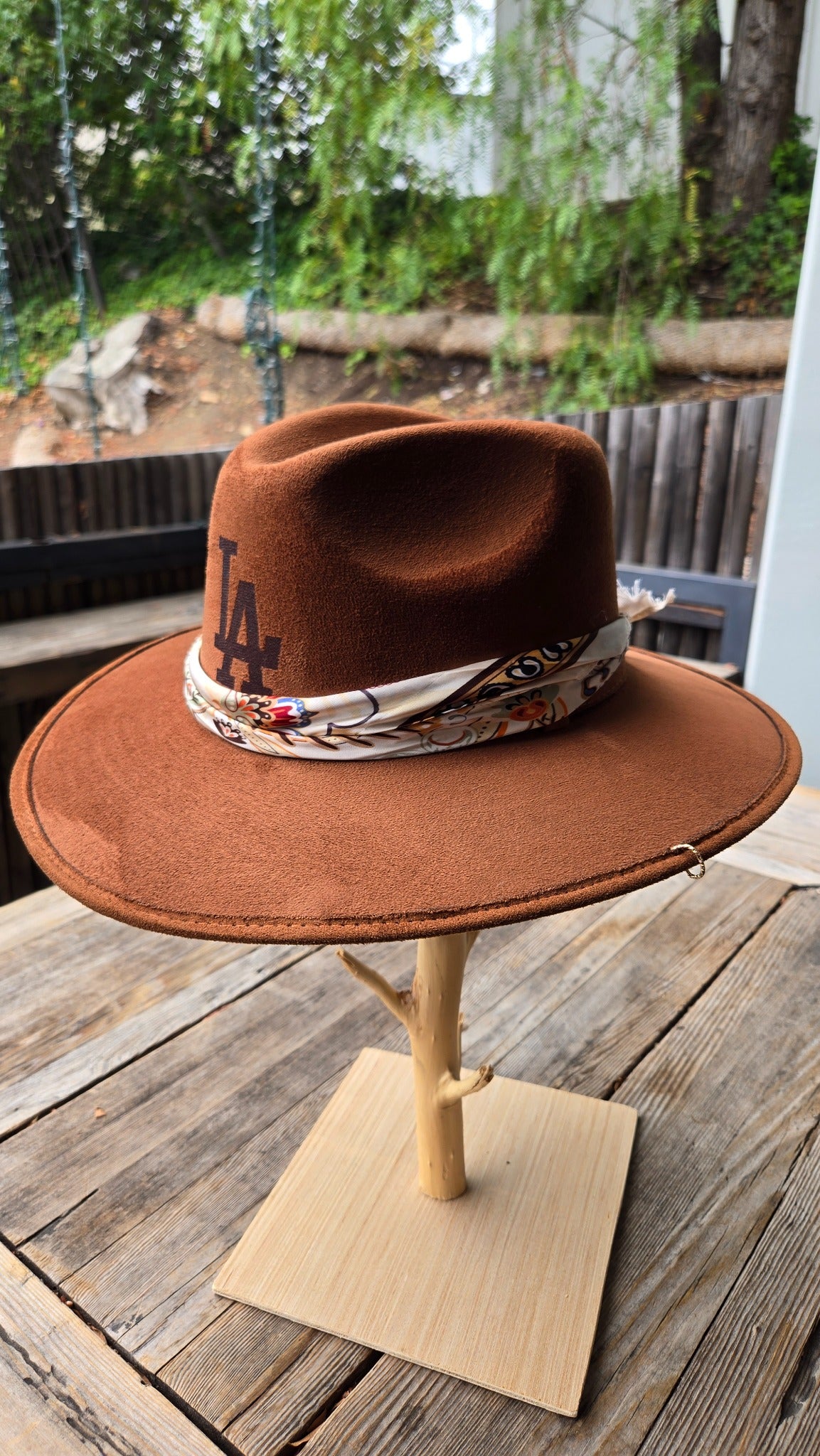 Brown LA western cowboy hat with paisley scarf band side view