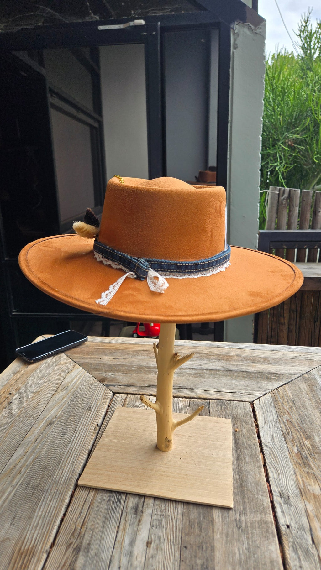 Camel western cowboy hat with denim and lace band side view