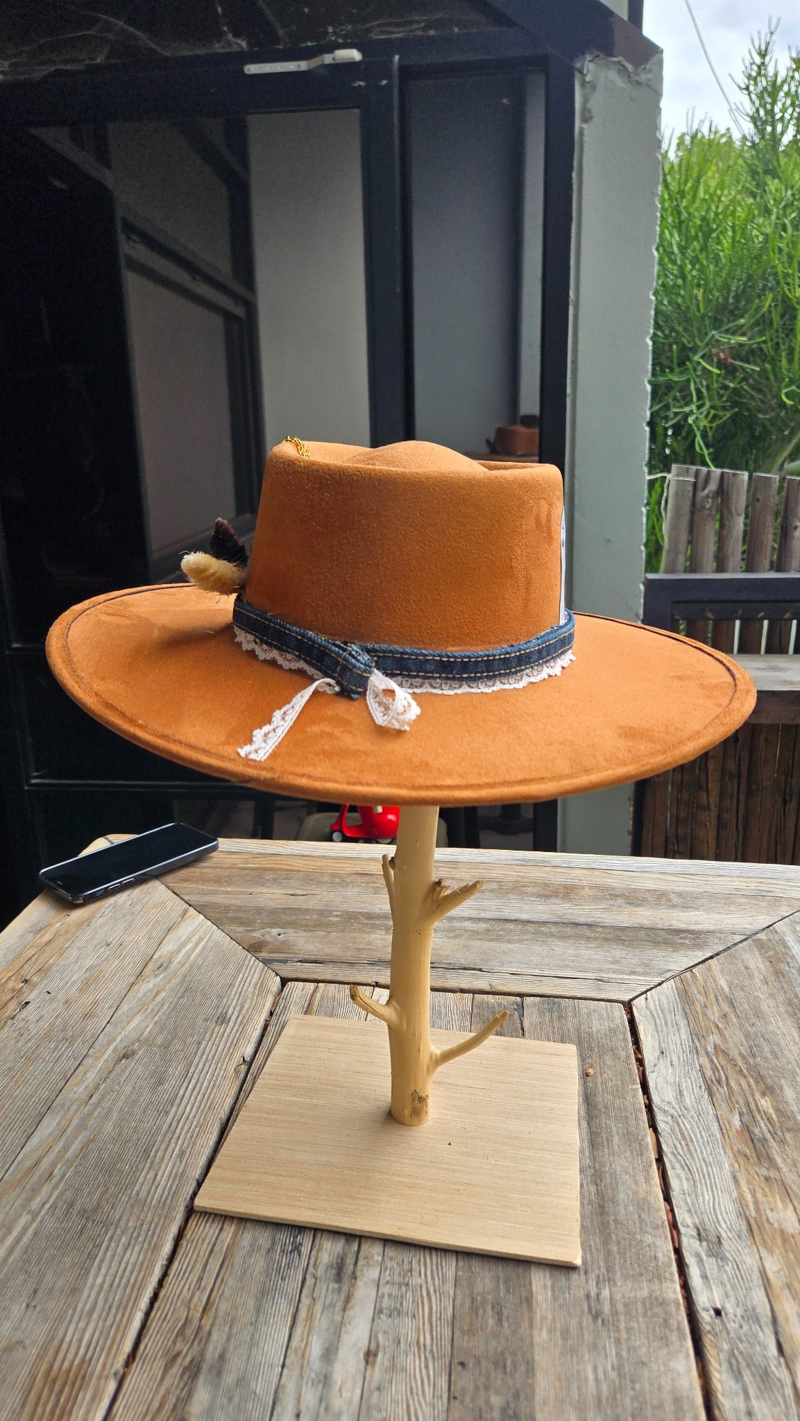 Camel western cowboy hat with denim and lace band side view