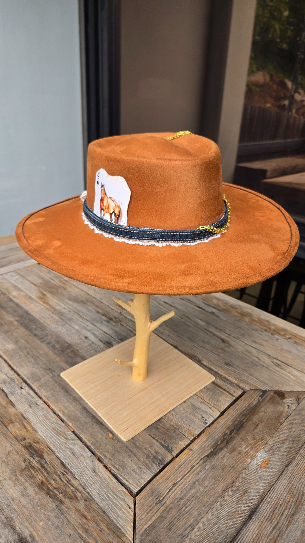 Camel western cowboy hat with denim lace band front view