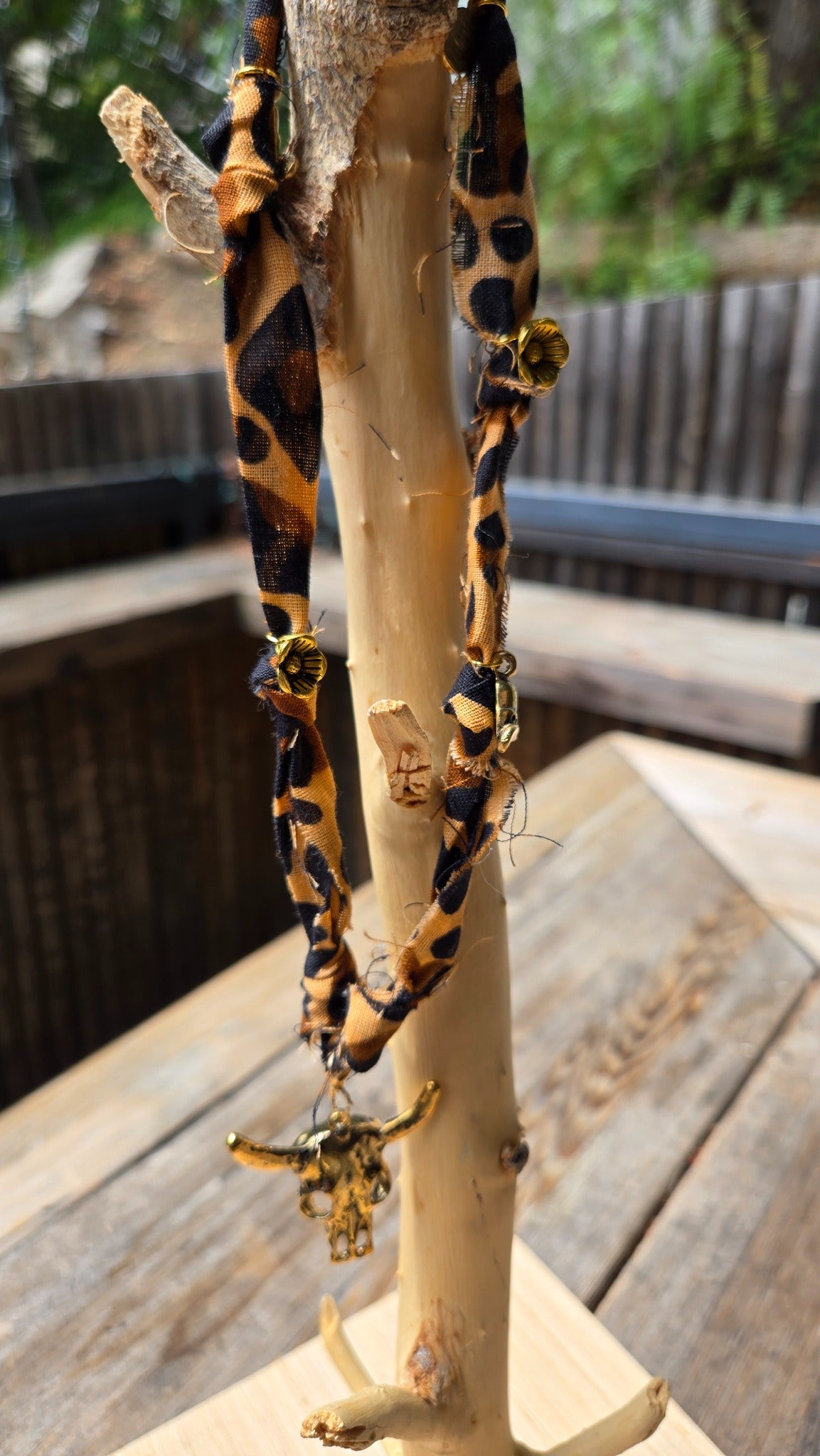 Leopard fabric western necklace with gold bull skull charm