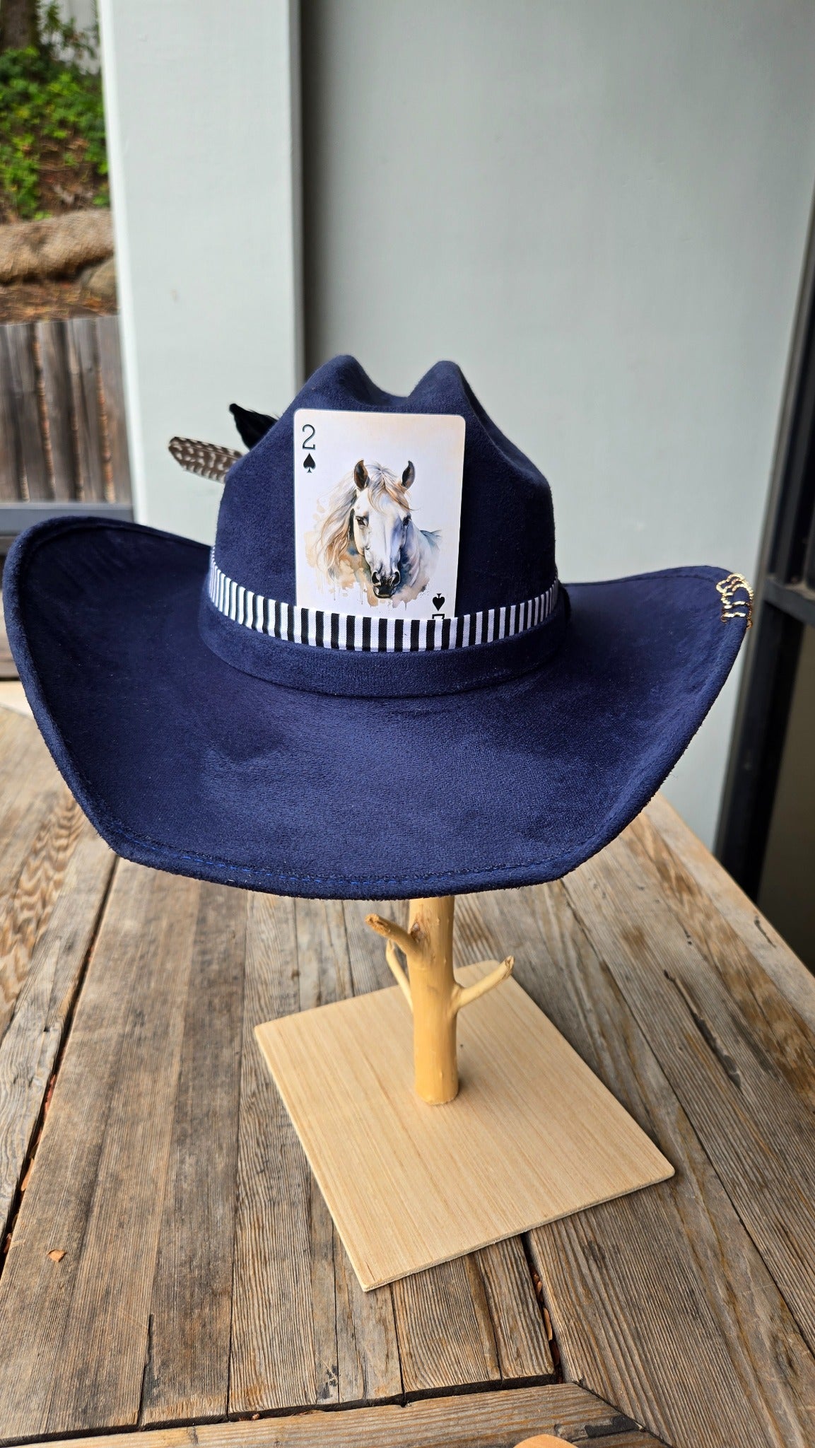 Navy western cowboy hat with horse card front view